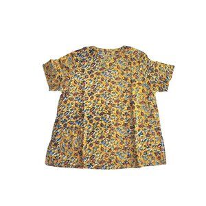 VINTAGE Handmade Floral Print Crew Neck African Print Short Sleeve Button Up Top